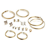 Max 9 Pairs Assorted Multiple Hoop Drop Dangle Long Earrings Studs Set Gold