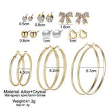 Max 9 Pairs Assorted Multiple Hoop Drop Dangle Long Earrings Studs Set Gold
