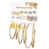 Max 9 Pairs Assorted Multiple Hoop Drop Dangle Long Earrings Studs Set Gold