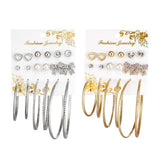 Max 9 Pairs Assorted Multiple Hoop Drop Dangle Long Earrings Studs Set Gold