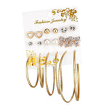 Max 9 Pairs Assorted Multiple Hoop Drop Dangle Long Earrings Studs Set Gold