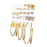 Max 9 Pairs Assorted Multiple Hoop Drop Dangle Long Earrings Studs Set Gold