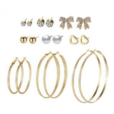 Max 9 Pairs Assorted Multiple Hoop Drop Dangle Long Earrings Studs Set Gold