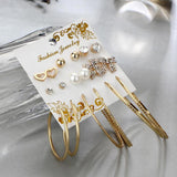 Max 9 Pairs Assorted Multiple Hoop Drop Dangle Long Earrings Studs Set Gold