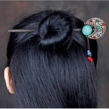 Retro Chinese Wedding Tassels Wooden Hair Stick Chignon Jewelry Green round