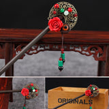 Retro Chinese Wedding Tassels Wooden Hair Stick Chignon Jewelry Red flower