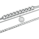 Max Silver Sweater Chain Necklace Chunky Cuban Link Chain with Round Pendant