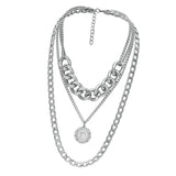 Max Silver Sweater Chain Necklace Chunky Cuban Link Chain with Round Pendant