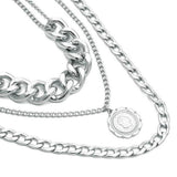 Max Silver Sweater Chain Necklace Chunky Cuban Link Chain with Round Pendant