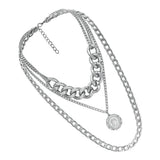 Max Silver Sweater Chain Necklace Chunky Cuban Link Chain with Round Pendant