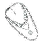Max Silver Sweater Chain Necklace Chunky Cuban Link Chain with Round Pendant