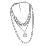 Max Silver Sweater Chain Necklace Chunky Cuban Link Chain with Round Pendant