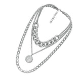Max Silver Sweater Chain Necklace Chunky Cuban Link Chain with Round Pendant