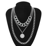 Max Silver Sweater Chain Necklace Chunky Cuban Link Chain with Round Pendant