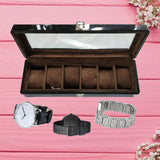 Max 6 Slots Wooden Watch Display Box Case Glass Top Locking Storage Organizer