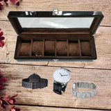 Max 6 Slots Wooden Watch Display Box Case Glass Top Locking Storage Organizer