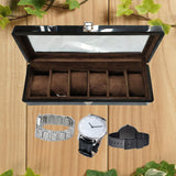 Max 6 Slots Wooden Watch Display Box Case Glass Top Locking Storage Organizer
