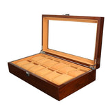 Max 12 Slots Wood Watch Display Box Case Glass Top Locking Storage Organizer