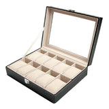 Max Maxb Leather 10 Slot Watch Box Glass Top Watch Jewelry Display Case Organizer