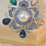 Maxbell Rhinestone Crystal Safety Pin Brooch Flower Pearl Scarf Gown Clip Pin Blue