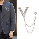 Maxbell Crystal V Brooch Tassel Chain Coat Suit Lapel Pin Shirt Stud Jewlery Gold