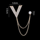 Maxbell Crystal V Brooch Tassel Chain Coat Suit Lapel Pin Shirt Stud Jewlery Gold