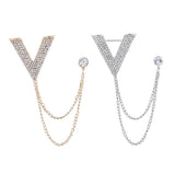 Maxbell Crystal V Brooch Tassel Chain Coat Suit Lapel Pin Shirt Stud Jewlery Gold