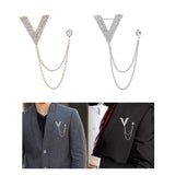 Maxbell Crystal V Brooch Tassel Chain Coat Suit Lapel Pin Shirt Stud Jewlery Gold