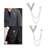 Maxbell Crystal V Brooch Tassel Chain Coat Suit Lapel Pin Shirt Stud Jewlery Gold