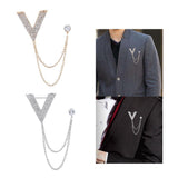 Maxbell Crystal V Brooch Tassel Chain Coat Suit Lapel Pin Shirt Stud Jewlery Gold