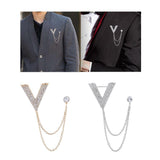 Maxbell Crystal V Brooch Tassel Chain Coat Suit Lapel Pin Shirt Stud Jewlery Gold