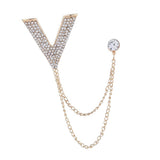 Maxbell Crystal V Brooch Tassel Chain Coat Suit Lapel Pin Shirt Stud Jewlery Gold