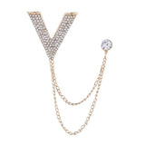 Maxbell Crystal V Brooch Tassel Chain Coat Suit Lapel Pin Shirt Stud Jewlery Gold