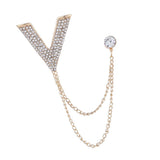 Maxbell Crystal V Brooch Tassel Chain Coat Suit Lapel Pin Shirt Stud Jewlery Gold