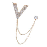 Maxbell Crystal V Brooch Tassel Chain Coat Suit Lapel Pin Shirt Stud Jewlery Gold
