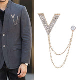Maxbell Crystal V Brooch Tassel Chain Coat Suit Lapel Pin Shirt Stud Jewlery Gold