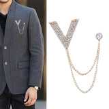 Maxbell Crystal V Brooch Tassel Chain Coat Suit Lapel Pin Shirt Stud Jewlery Gold