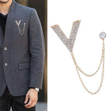 Maxbell Crystal V Brooch Tassel Chain Coat Suit Lapel Pin Shirt Stud Jewlery Gold
