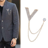 Maxbell Crystal V Brooch Tassel Chain Coat Suit Lapel Pin Shirt Stud Jewlery Gold