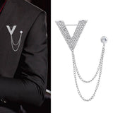 Maxbell Crystal V Brooch Tassel Chain Coat Suit Lapel Pin Shirt Stud Jewlery Silver