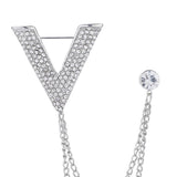 Maxbell Crystal V Brooch Tassel Chain Coat Suit Lapel Pin Shirt Stud Jewlery Silver