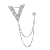 Maxbell Crystal V Brooch Tassel Chain Coat Suit Lapel Pin Shirt Stud Jewlery Silver