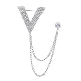 Maxbell Crystal V Brooch Tassel Chain Coat Suit Lapel Pin Shirt Stud Jewlery Silver