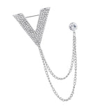 Maxbell Crystal V Brooch Tassel Chain Coat Suit Lapel Pin Shirt Stud Jewlery Silver
