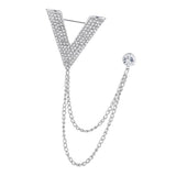 Maxbell Crystal V Brooch Tassel Chain Coat Suit Lapel Pin Shirt Stud Jewlery Silver