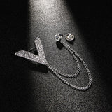 Maxbell Crystal V Brooch Tassel Chain Coat Suit Lapel Pin Shirt Stud Jewlery Silver