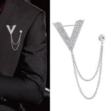 Maxbell Crystal V Brooch Tassel Chain Coat Suit Lapel Pin Shirt Stud Jewlery Silver