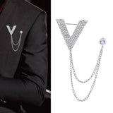 Maxbell Crystal V Brooch Tassel Chain Coat Suit Lapel Pin Shirt Stud Jewlery Silver