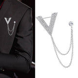 Maxbell Crystal V Brooch Tassel Chain Coat Suit Lapel Pin Shirt Stud Jewlery Silver