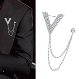 Maxbell Crystal V Brooch Tassel Chain Coat Suit Lapel Pin Shirt Stud Jewlery Silver